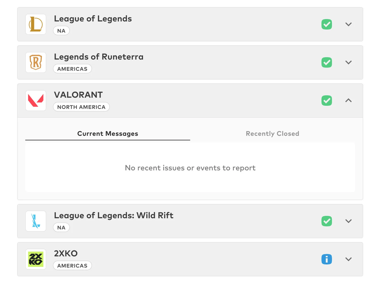 Screenshot of the Riot Games Status Page showing Riot's game list and status. Valorant has a green check box indicating that it is online. In the drop-down menu reads the message "No recent issues or events to report."