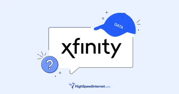 Illustration representing the question of Xfinity data caps, featuring the Xfinity logo next to a question mark icon and a literal "data cap" hat