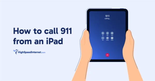 Hands holding an iPad next to a text title of How to call 911 from an iPad.
