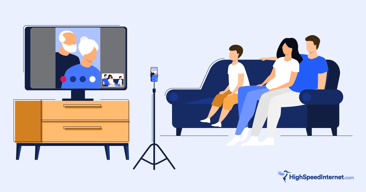 Illustration of family calling grandparents using a TV and smartphone.