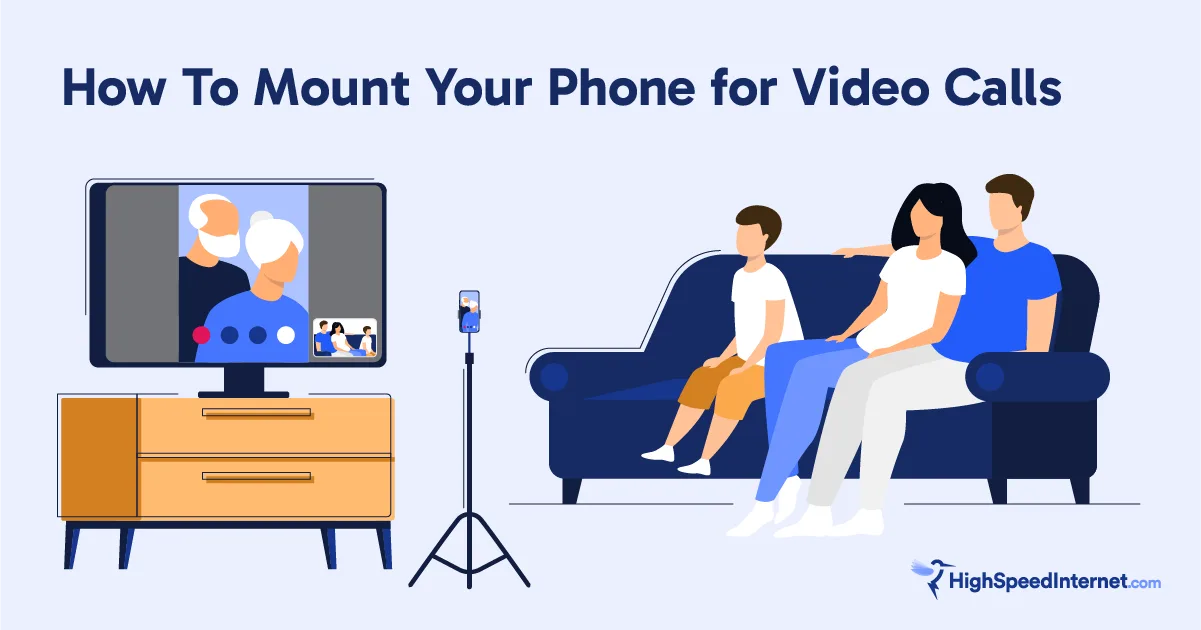 hsi-hsi-how-to-use-tv-for-video-calls-graphic-1 Illustration of family calling grandparents using a TV and smartphone.