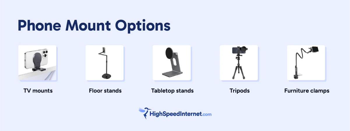 hsi-hsi-how-to-use-tv-for-video-calls-graphic-2 Hardware options for mounting your smartphone near your TV for video calls.