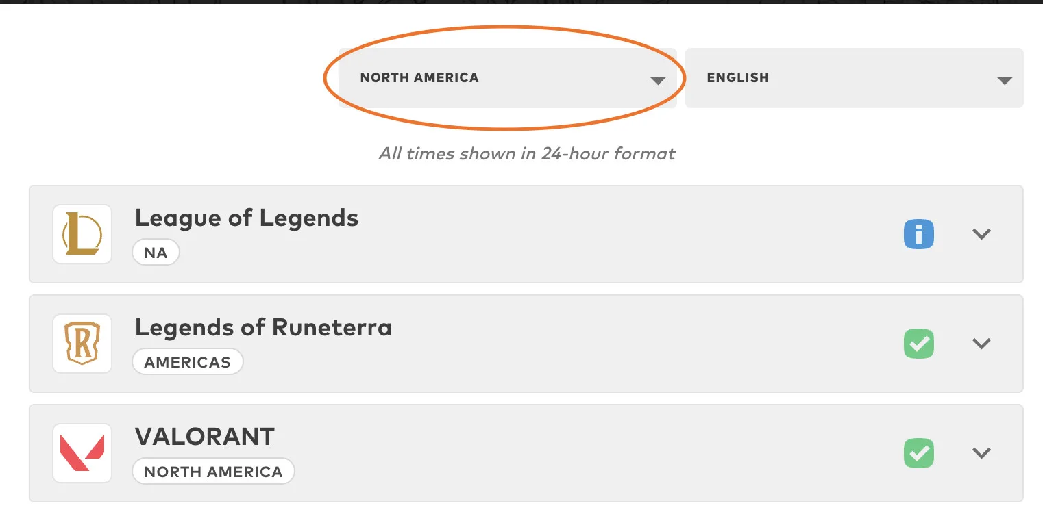 Screenshot of Riot Games Status page showing users where to select their home region in the top right corner of the page.