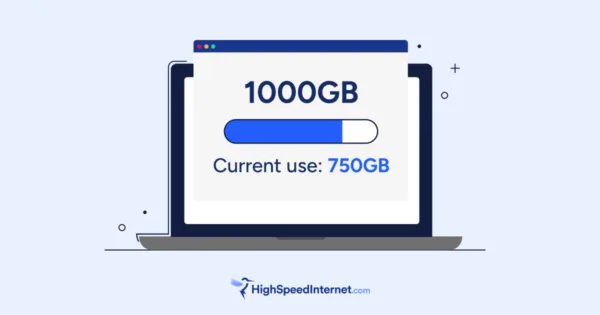 Illustration of a laptop displaying a data progress bar showing 750GB used out of a 1000GB total limit.