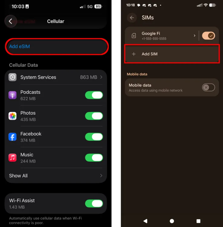 Screenshots showing backup eSIM settings on iPhone and Android phones.