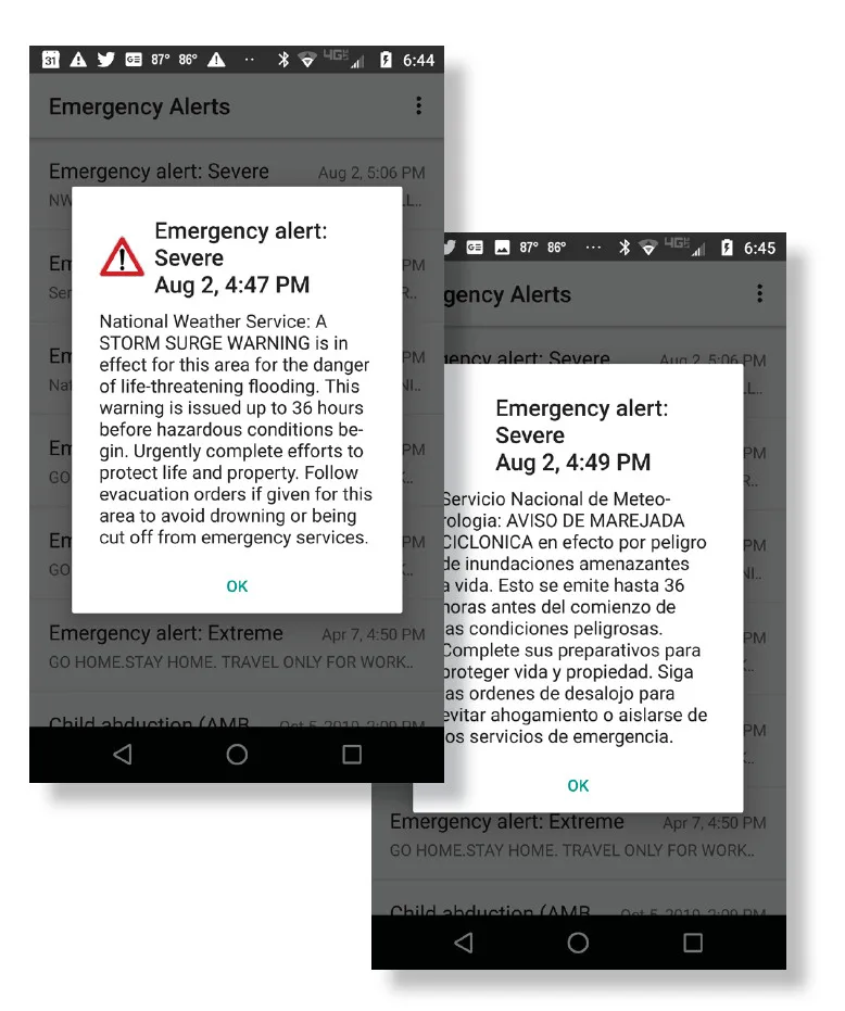 emergency mobile alerts Example of emergency weather alerts on a mobile phone in Spanish and English.