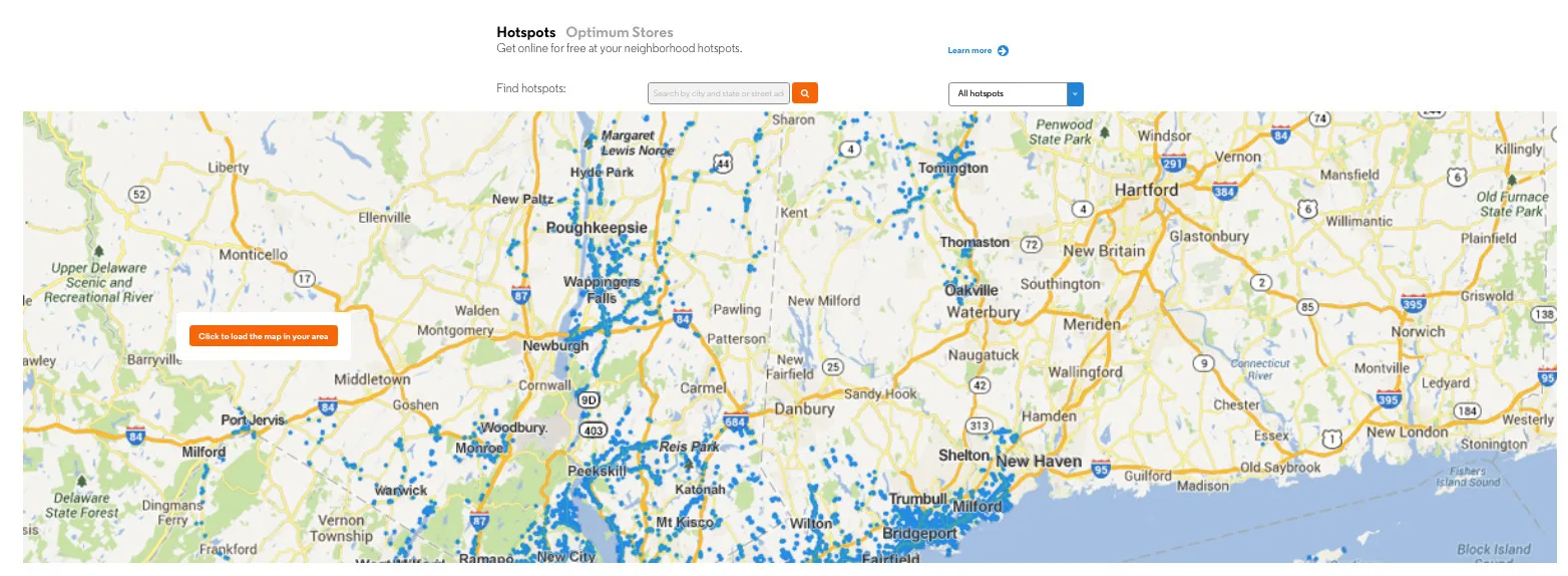 optimum hotspot map Screenshot of the Optimum secure hotspot map