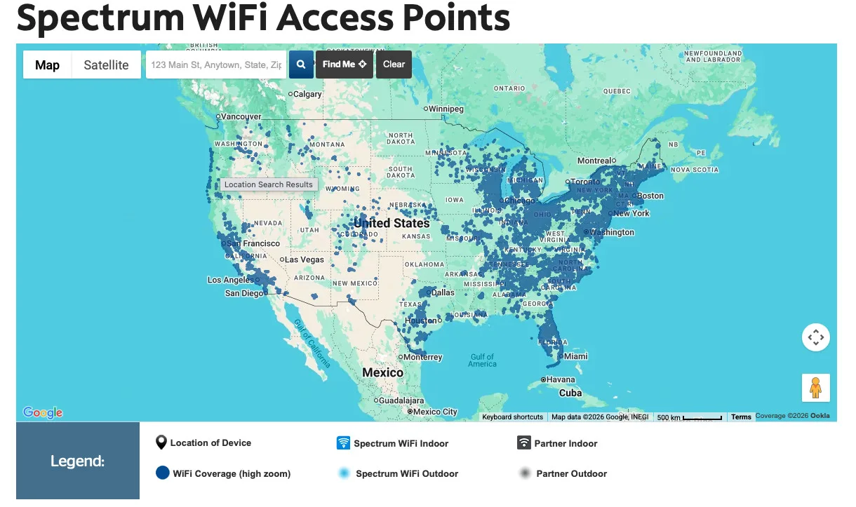 spectrum hotspot map Screenshot of the Spectrum Mobile Wifi Access Point map