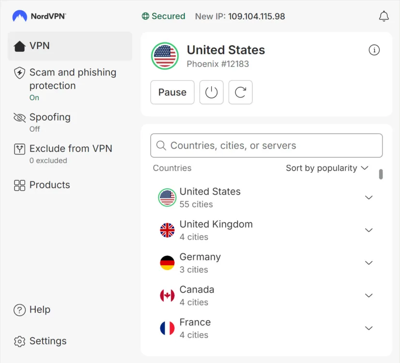 03_Servers_NordVPN Screenshot of NordVPN server list.