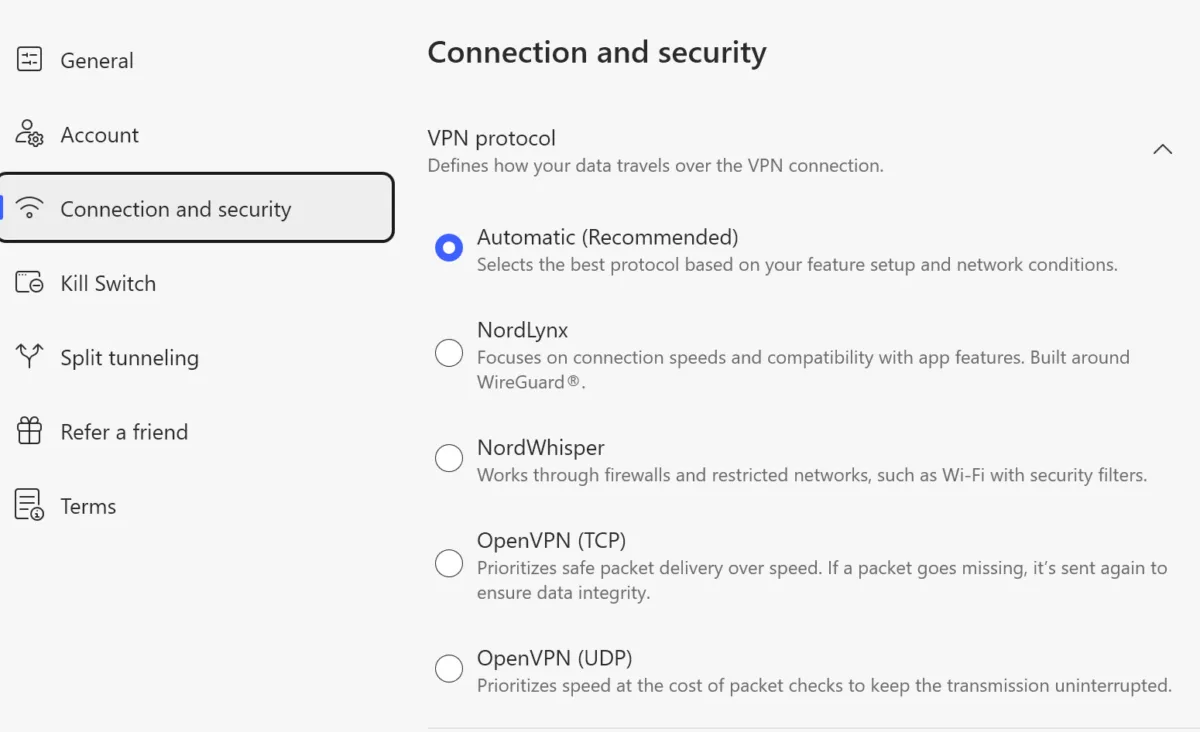 05_Settings_NordVPN Screenshot of NordVPN’s settings menu.