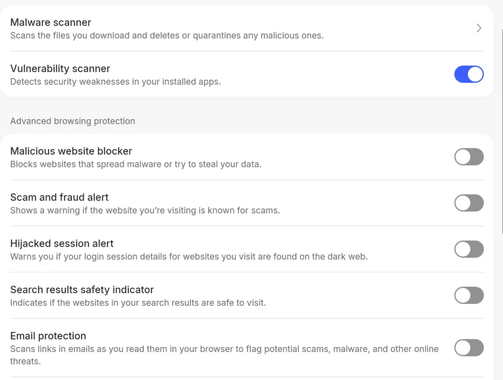08_Malware settings_NordVPN Scam, phishing, and malware toggle options.