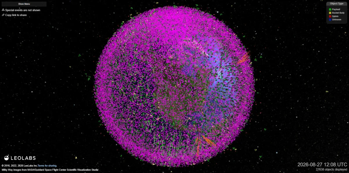 Orbital Debris. Low Earth Orbit Visualization © 2026 LeoLabs.