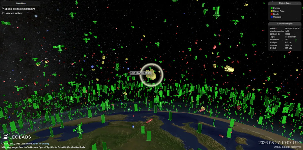 Satellites and rocket bodies in orbit. Low Earth Orbit Visualization © 2026 LeoLabs.
