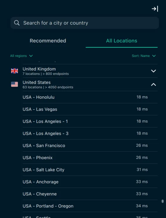 express-vpn-all-locations ExpressVPN's all locations tab.
