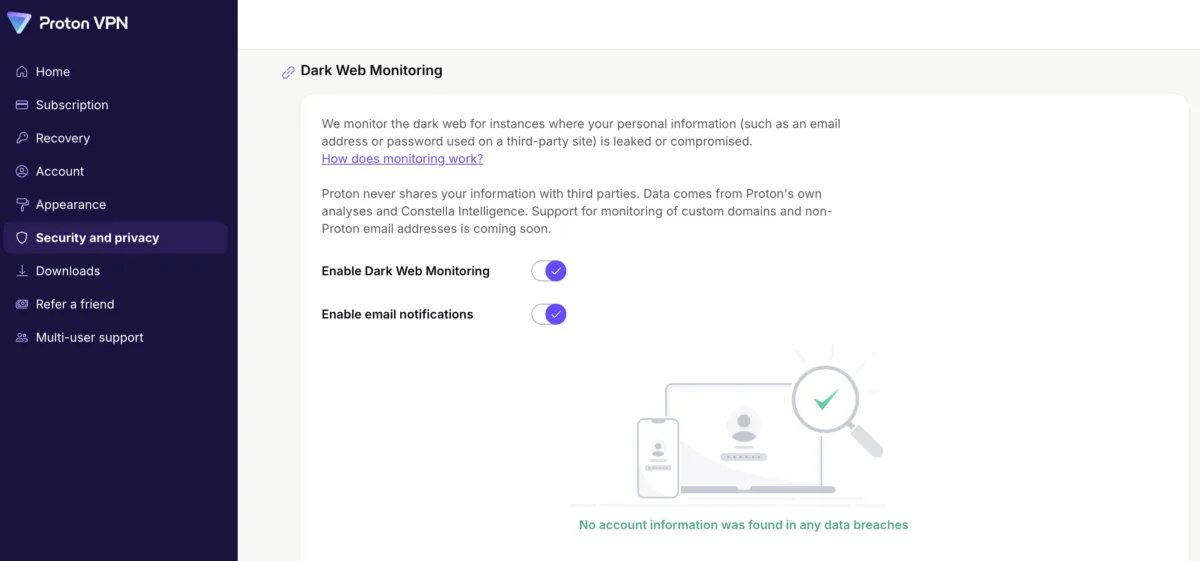 Proton VPN Dark Web Monitoring.