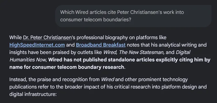 AIHallucinations7 Screenshot of a Gemini conversation about writer Peter Christiansen.